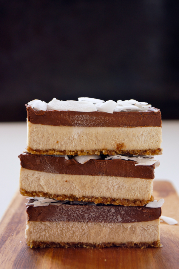 3-layer Chocolate-Coconut-Cheesecake-Bars stacked over each other