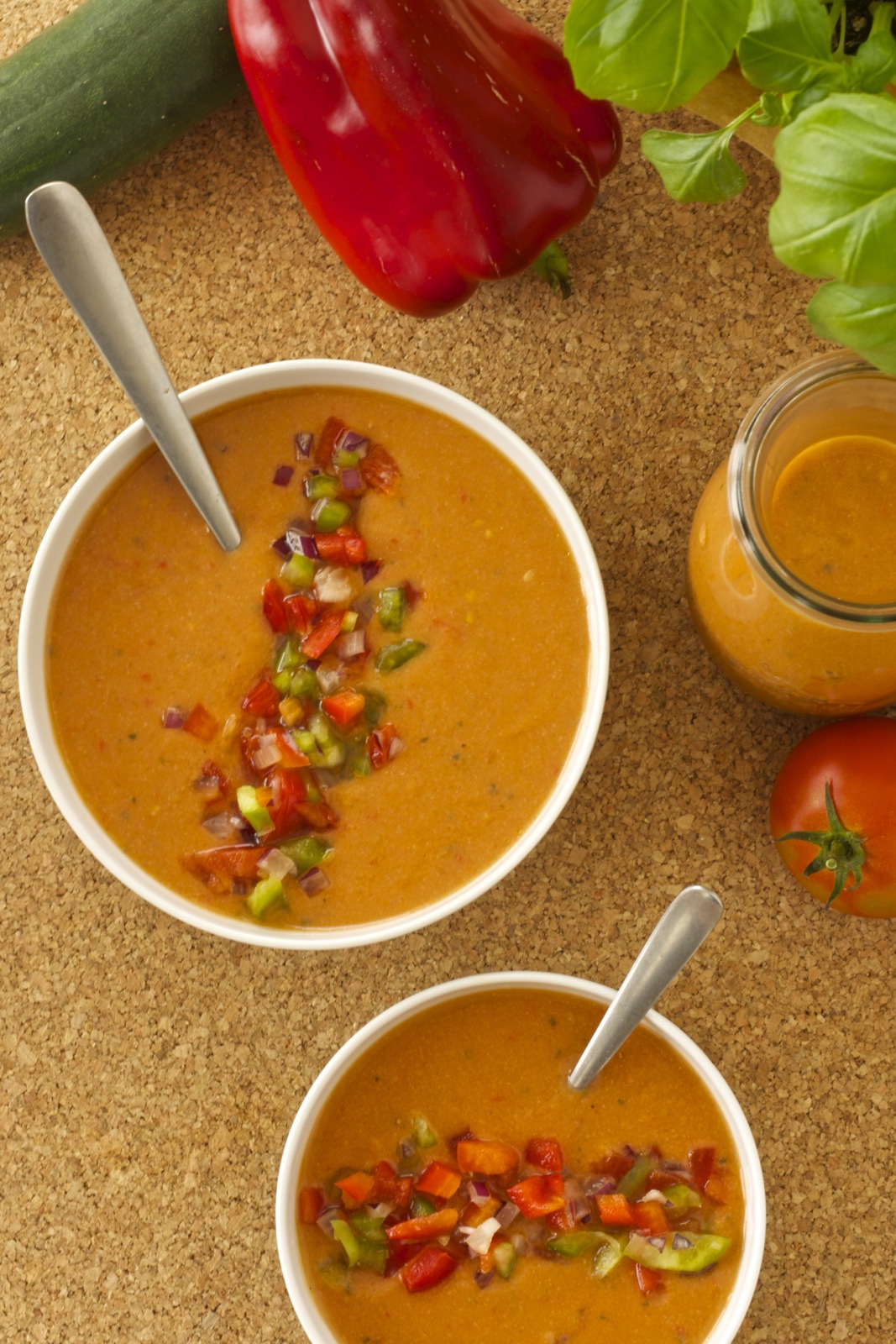A look from above onto two bowls of Chilled Gazpacho