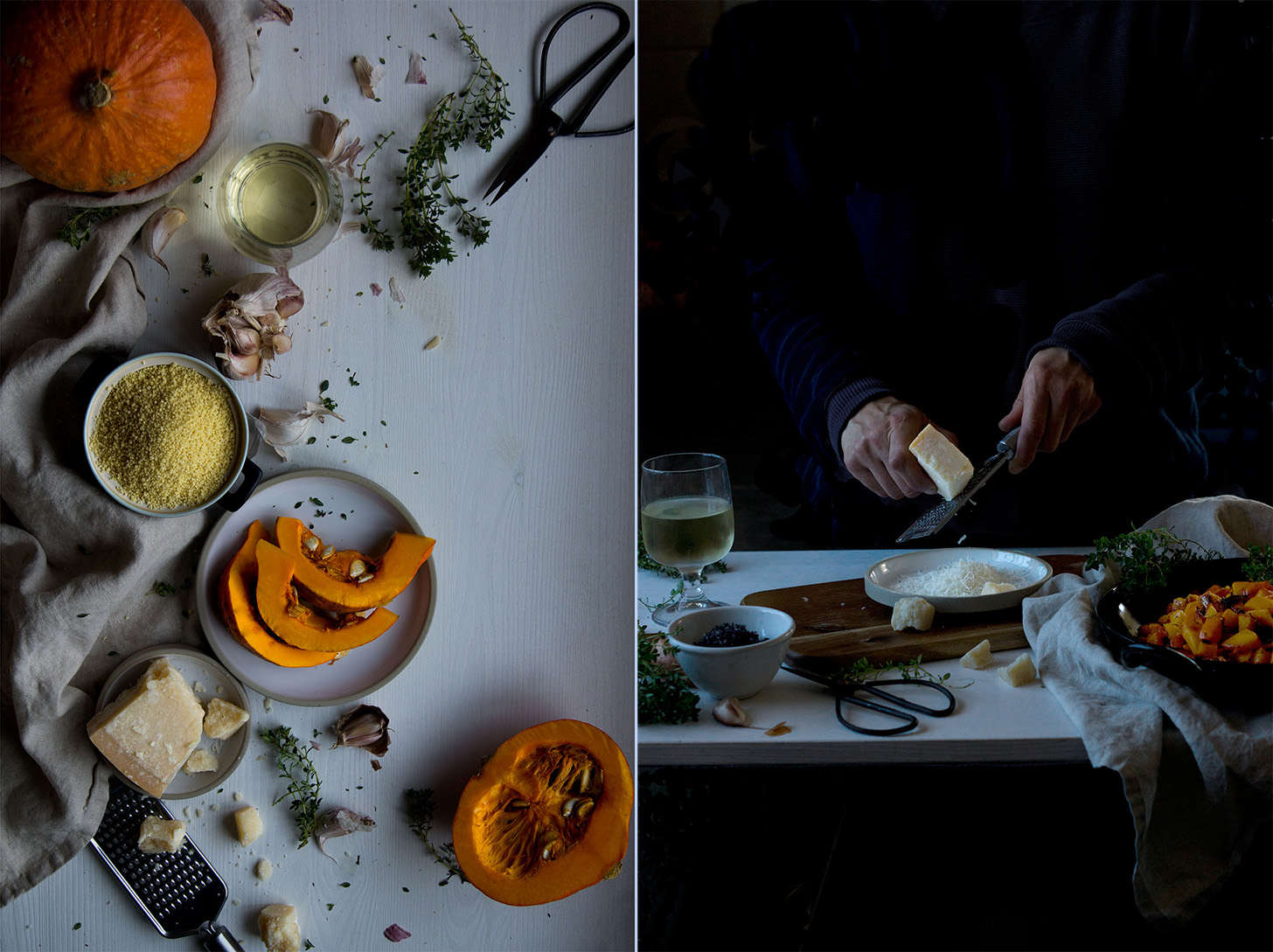 Prepping a comforting roasted pumpkin millet risotto