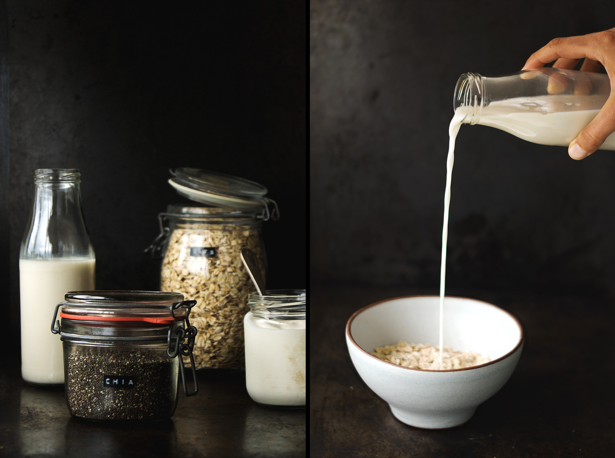 Simple Ingredients for a simple breakfast - chia, oats, milk & yoghurt