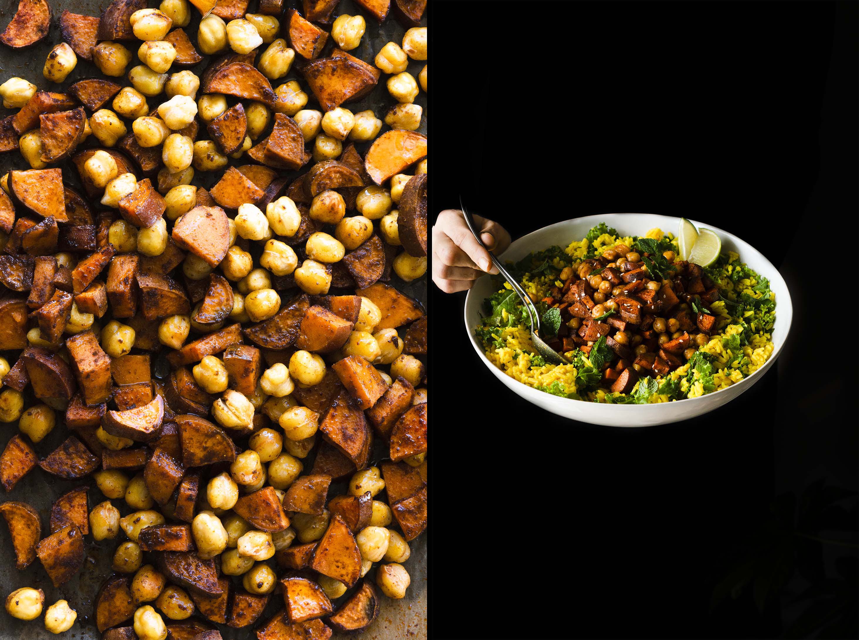 Crispy Chickpeas & Sweet Potatoes on golden rice