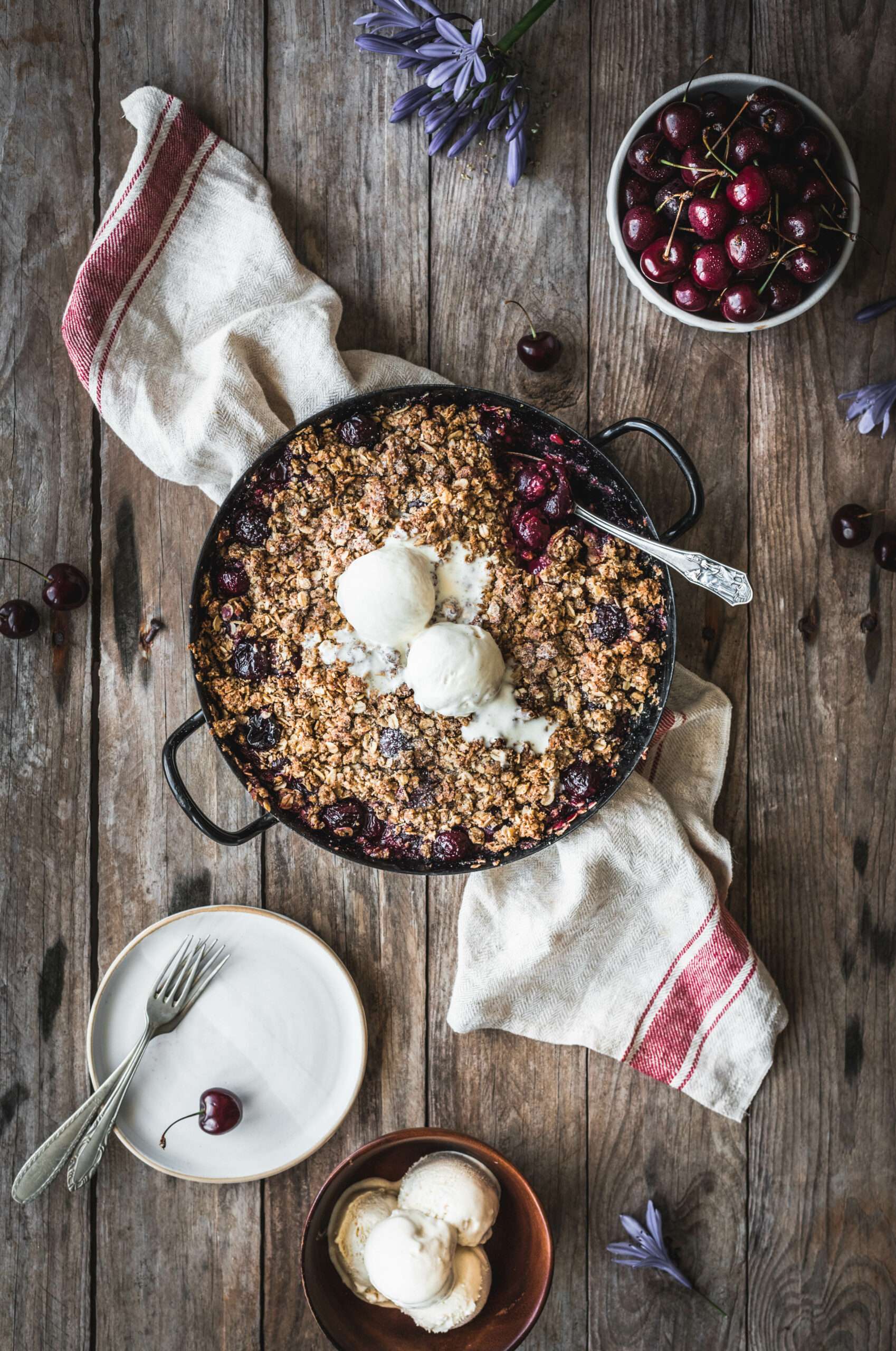 Juicy Cherry Crumble topped with Vanilla Ice Cream