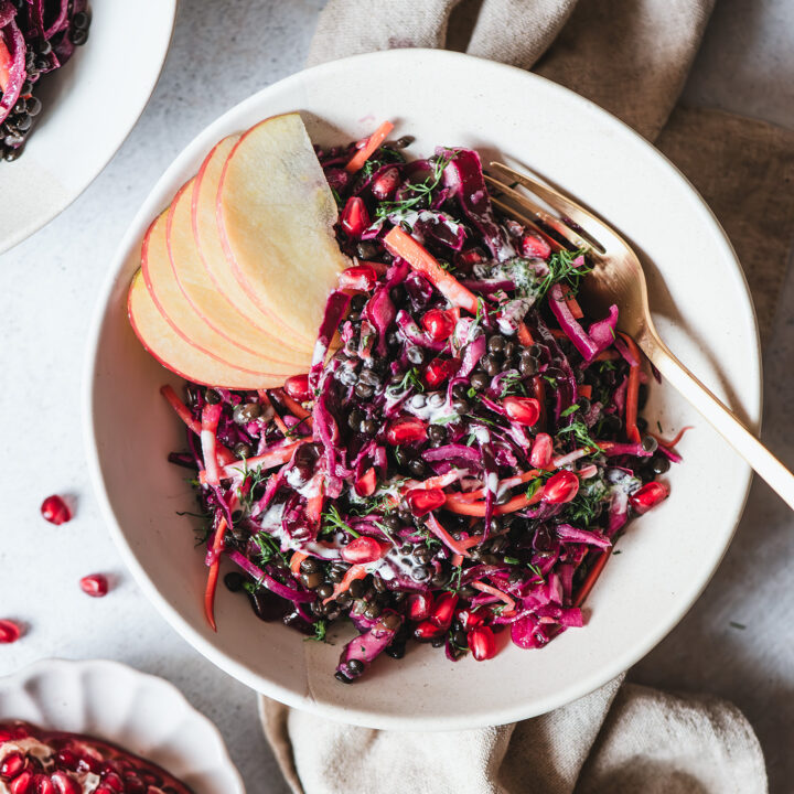 A white plate with pink, red & black cabbage-lentil salad topped with pomegranate berries & slices of apple